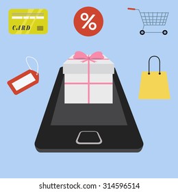 On line gift purchase from mobile phone vector concept
