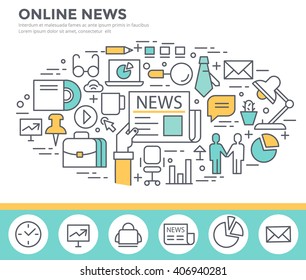 On line news concept illustration, thin line, flat design