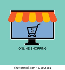 On line shop, selling and buying using computer. Vector illustration.