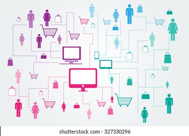 On line Shopping. Abstract people and shopping carts linked to computer and mobile devices