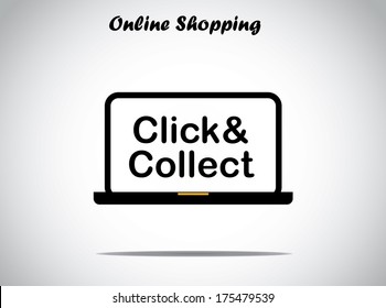 on line shopping concept design vector illustration unusual art : click and collect text displayed on a black laptop with bright white background