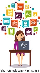 Concepto de compras en línea con el gerente
Vendedor de Ilustración vectorial con muchos íconos de compras
