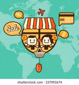 On line shopping and e-commerce concept retro