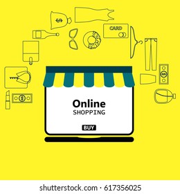 On line shopping, laptop, shopping with a laptop over the internet, packaging for purchases, vector, products, business background, gifts, abstraction