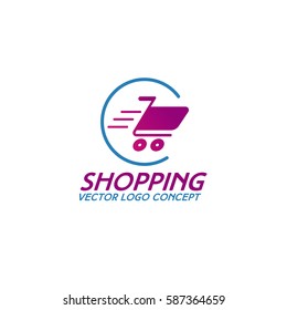 On line shopping logo consisting of shopping cart in circle use for app, fashion store, shop, market and etc. Vector Illustration