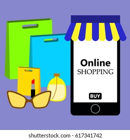 On line shopping, mobile phone, shopping with mobile phone, packaging for purchases, vector, products, business background, gifts, abstraction