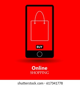 On line shopping, mobile phone, shopping with mobile phone, packaging for purchases, vector, products, business background, gifts, abstraction