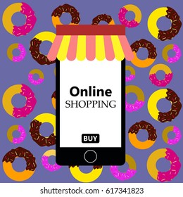 On line shopping, mobile phone, shopping with mobile phone, packaging for purchases, vector, products, business background, gifts, abstraction