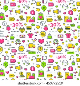 On- line shopping seamless pattern with thin line flat icons. For store sales decoration.  Vector Illustration