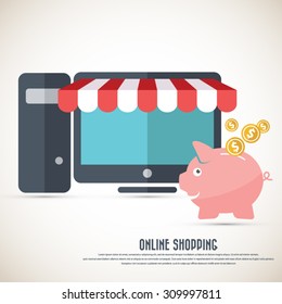 On line shopping.  Sparse desktop icon with awning and piggy bank. File is layered. Eps10 vector.