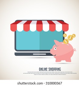 On line shopping.  Sparse laptop computer icon with awning and piggy bank. File is layered. Eps10 vector.
