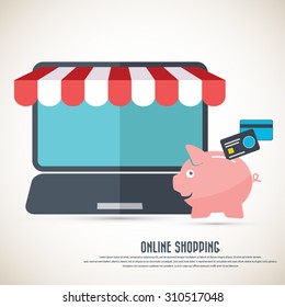 On line shopping.  Sparse laptop computer icon with awning and piggy bank. File is layered. Eps10 vector.