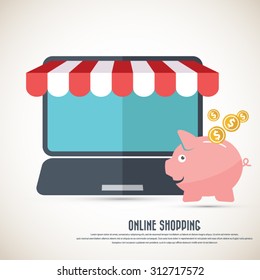 On line shopping.  Sparse laptop computer icon with awning and piggy bank. File is layered. Eps10 vector.