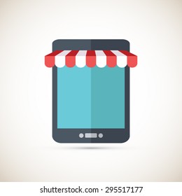 On line store. Computer tablet icon with awning. Eps10 vector. 