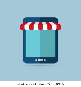On line store. Computer tablet icon with awning. Eps10 vector. 