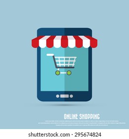 On line store. Computer tablet icon with awning and shopping cart. Eps10 vector. 