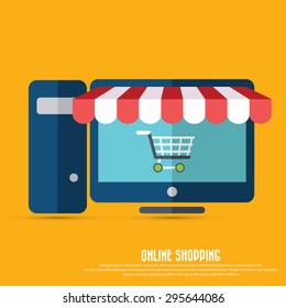 On line store. Desktop icon with awning and shopping cart . Eps10 vector. 