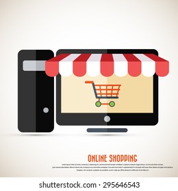 On line store. Desktop icon with awning and shopping cart . Eps10 vector. 