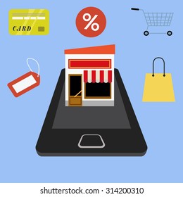 On line store on mobile phone vector concept