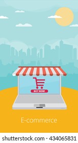 On line store. Sale, Laptop with awning