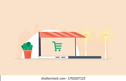 On line store. Sale, Laptopwith awning flat vector