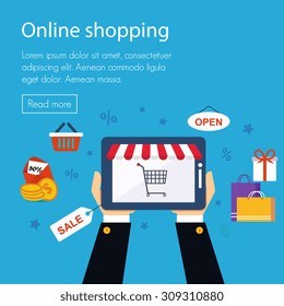 On line store, shopping. Sale, Laptop vector illustration flat design