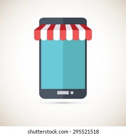 On line store. Smart phone icon with awning. Eps10 vector. 