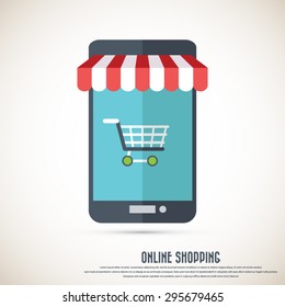 On line store. Smart phone icon with awning and shopping cart. Eps10 vector. 