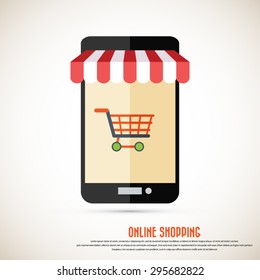 On line store. Smart phone icon with awning and shopping cart. Eps10 vector. 