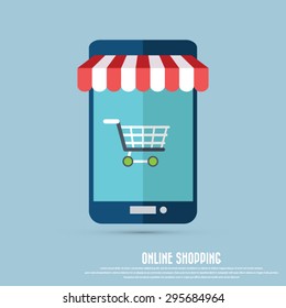 On line store. Smart phone icon with awning and shopping cart. Eps10 vector. 