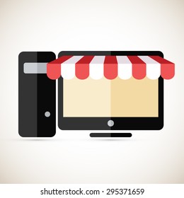 On line store. Sparse desktop icon with awning. Eps10 vector. 