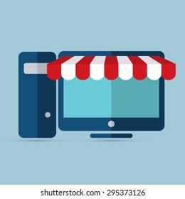 On line store. Sparse desktop icon with awning. Eps10 vector. 