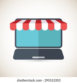 On line store. Sparse laptop icon with awning. Eps10 vector.