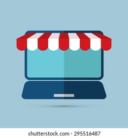 On line store. Sparse laptop icon with awning. Eps10 vector. 
