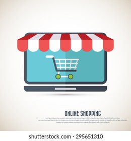 On line store. Sparse laptop icon with awning. Eps10 vector. 