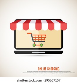 On line store. Sparse laptop icon with awning and shopping cart. Eps10 vector. 