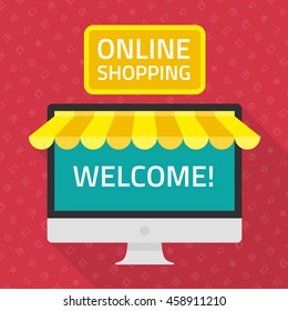 On line store. Vector illustration of online shopping and e-commerce. Online store concept in flat style. Sale, Personal Computer with awning.