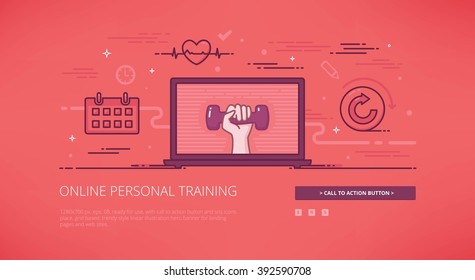 On line training modern line vector illustration for web banners, hero images, web sites and landing pages with call to action button. Ready for use