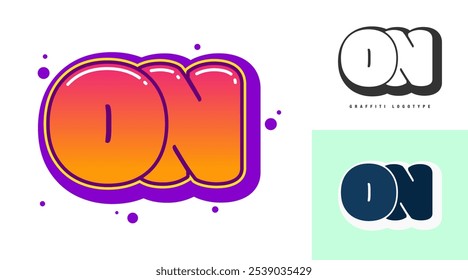 ON logo design for festival or party. Initial letter o and n in graffiti style. Creative modern lettering company name of font typography. Kids trendy logotype or identity. Vector illustration.