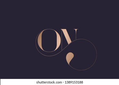 ON logo monogram.Typographic icon with letter o and letter n. Serif lettering and decorative swirl. Alphabet initials sign in rose gold metallic color isolated on dark background.Modern, luxury style.