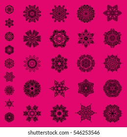 On a magenta background. Celebratory vector set with 29 snowflakes. Vector illustration.