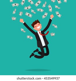 On A Man Are Falling Money Bills. Joyful Businessman Jumping From Happiness. Vector Illustration Of A Flat Design