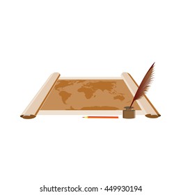 On the map, scroll old manuscript.In the future, on the table with pen and ink. Vector illustration.