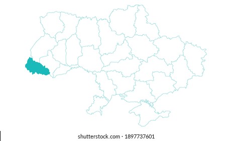 On the map of Ukraine, drawn with a contour, the Zakarpattia region is highlighted. Image in bright turquoise color.