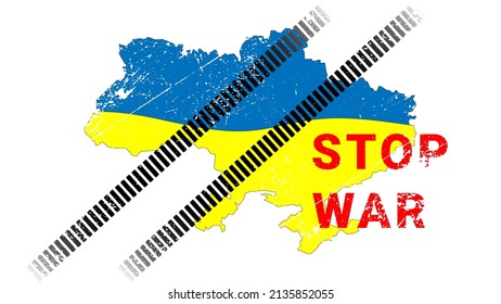 On the map of Ukraine there are traces of a tank isolated on a white background. A call to stop the war in Ukraine. Military conflict between Russia and Ukraine.