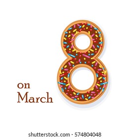 on March 8. Donut font, tasty alphabets. Isolated objects.