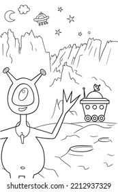 On Mars, an alien meets a human rover.  Black and white vector illustration for coloring book.