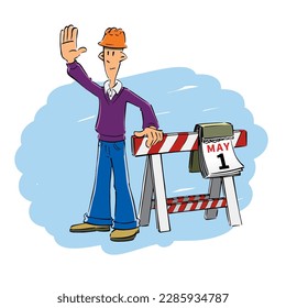 El 1 de mayo, no trabajo. Trabajadores de la construcción celebran el Día Internacional del Trabajo. Feliz Día del Trabajador. Ilustración vectorial de estilo plano