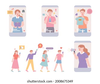 On the mobile screen, influencers are selling goods through live commerce, and people are lining up to buy. flat design style minimal vector illustration.