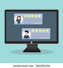 On the monitor screen, customer reviews with their photos. Assess the quality of an app or website. Review, approval by clicking on the stars and comment. User rating five stars. Vector illustration.
